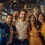 Corporate businesspeople having fun and in corporate party at office, celebrating spacial event such as corporate anniversary or business success.